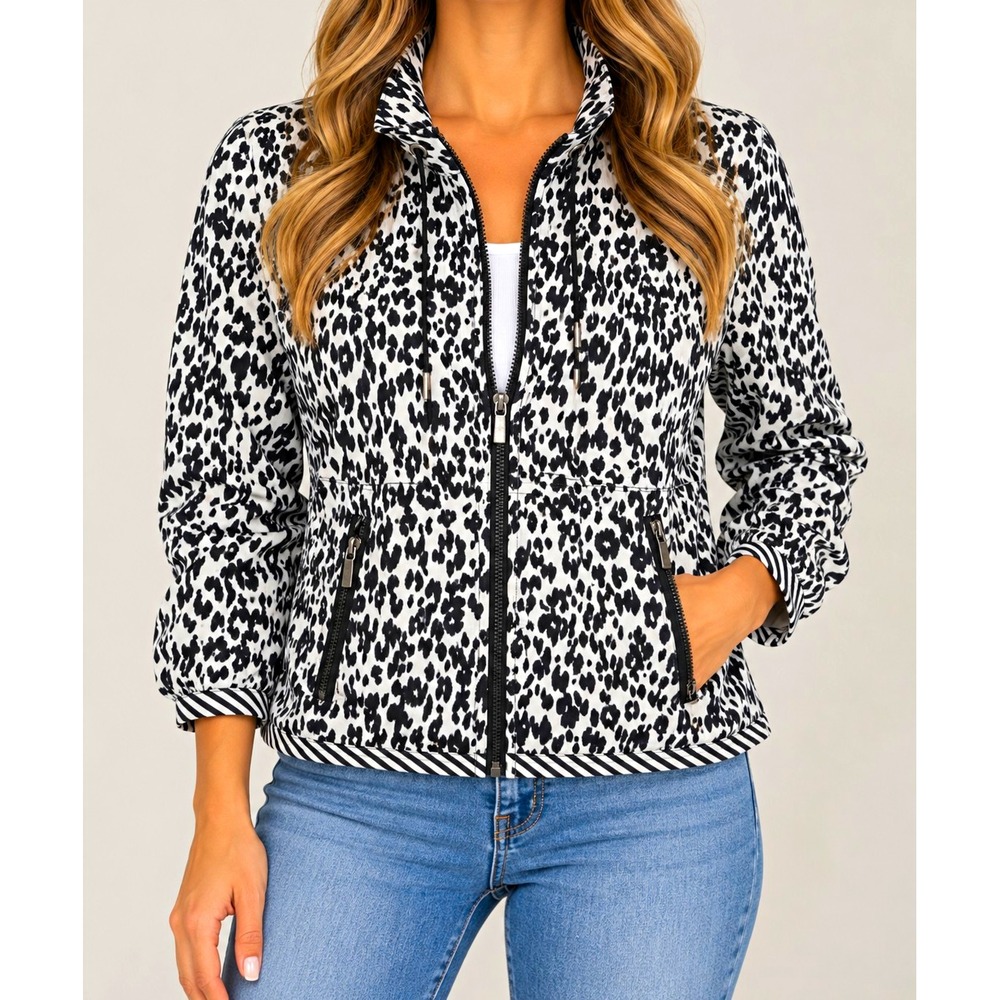 Ruby Rd Women's 10 Black White Leopard Print Jacket Cotton Stretch bold print